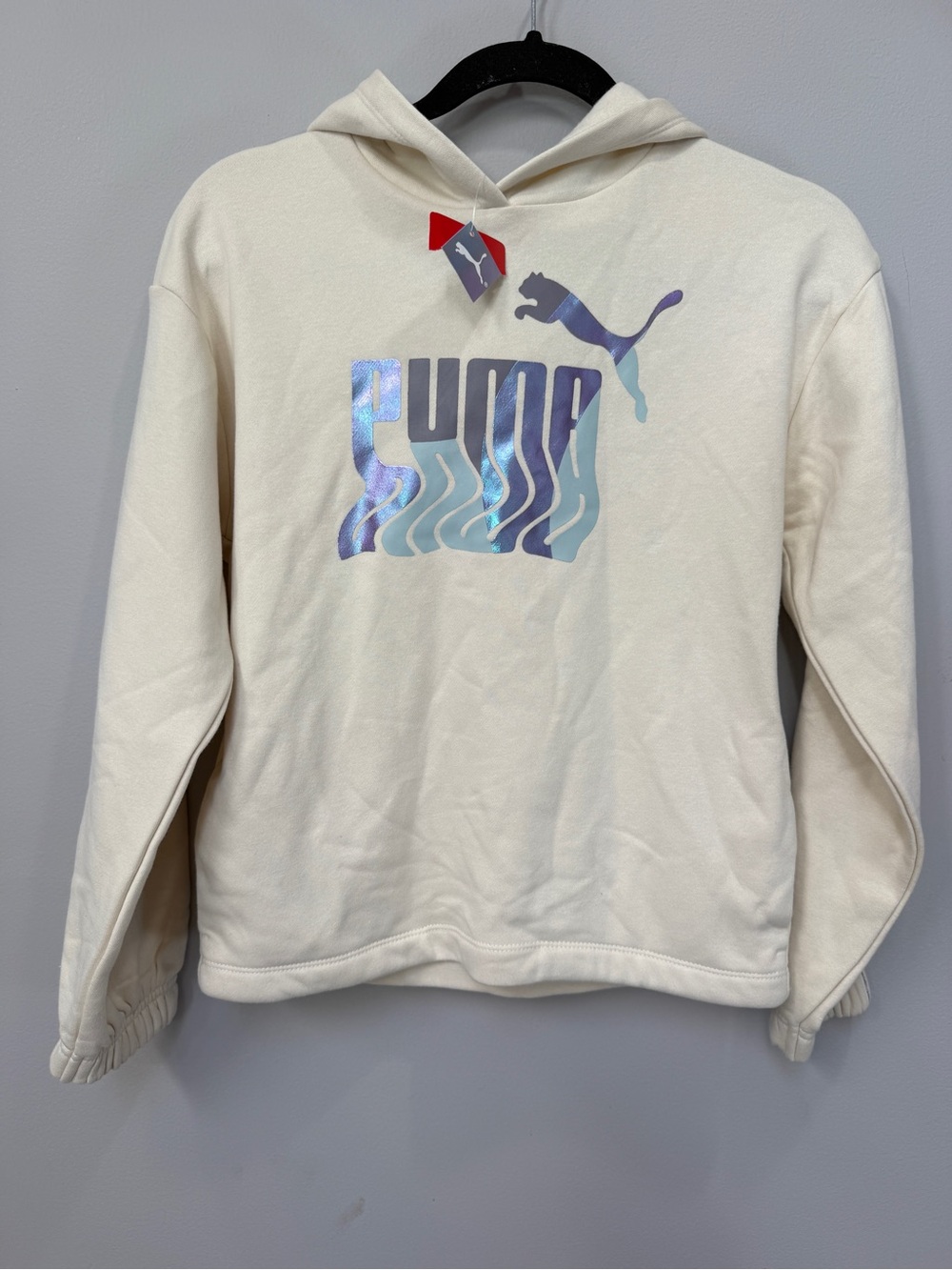 Puma Kids Cream Hoodie with Iridescent Blue Logo